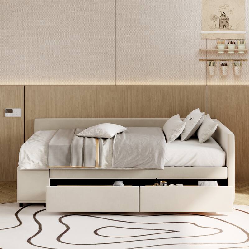L-Shaped Twin Size Upholstered Platform Bed with Storage Drawers, Beige