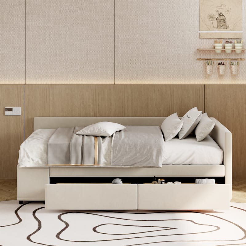 Twin Velvet Platform Bed with Underbed Drawers & Side Cabinet