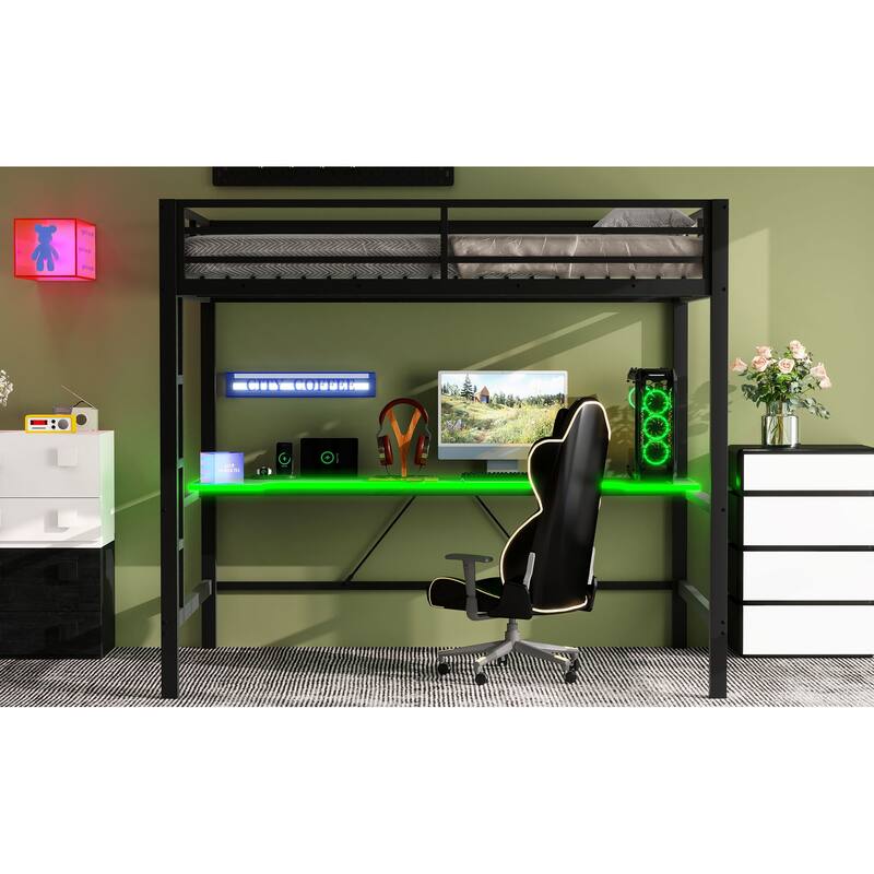 Full Size House Bed, Metal Loft Bed Frame with LED Light, USB Charge Station and Wooden Desktop Built-in Desk for Bedroom