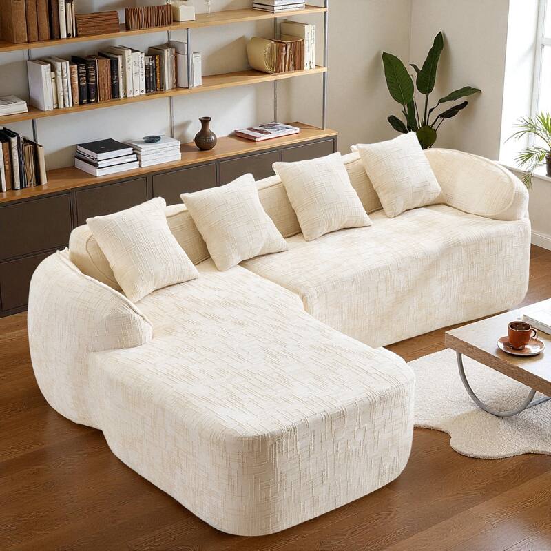 Chenille L-Shaped Compressed Sofa, 4-Seat Sectional Couch with Curved Armrests, High-Elastic Sponge & 4 Throw Pillows - Beige