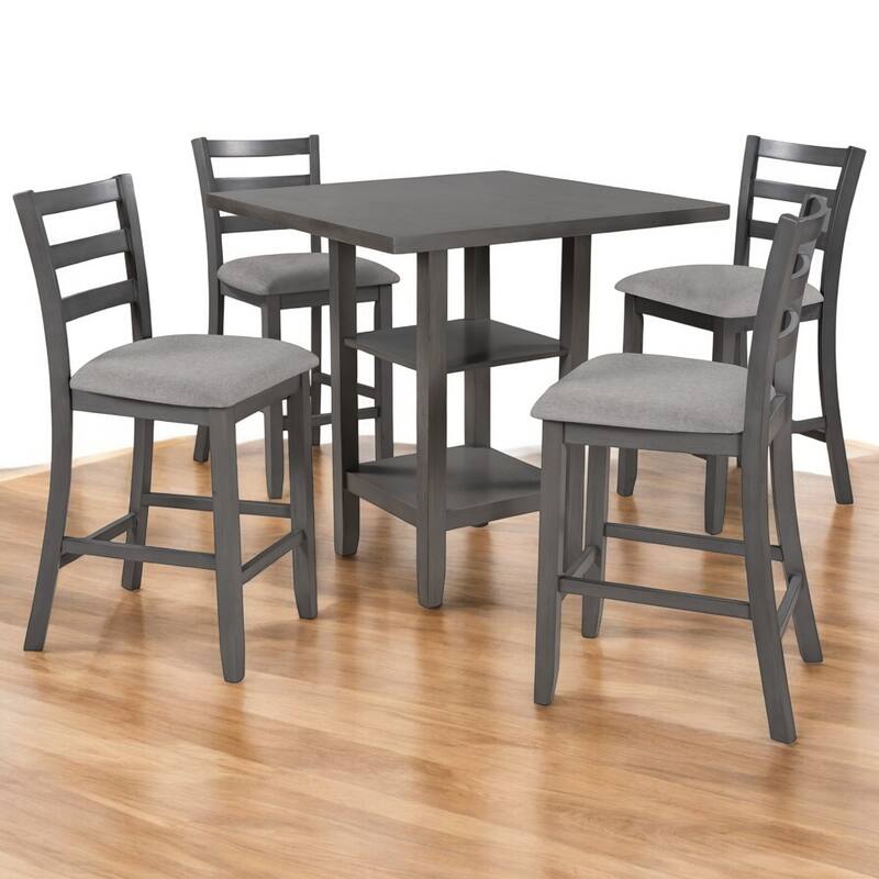 5-Piece Wooden Counter Height Dining table Set with Padded Chairs & Storage Shelf for Dining Room and Kitchen