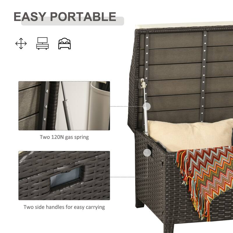 Outsunny PE Rattan Patio Storage Bench with Interior Water-Fighting Cloth Bag & Comfortable White Top Cushion