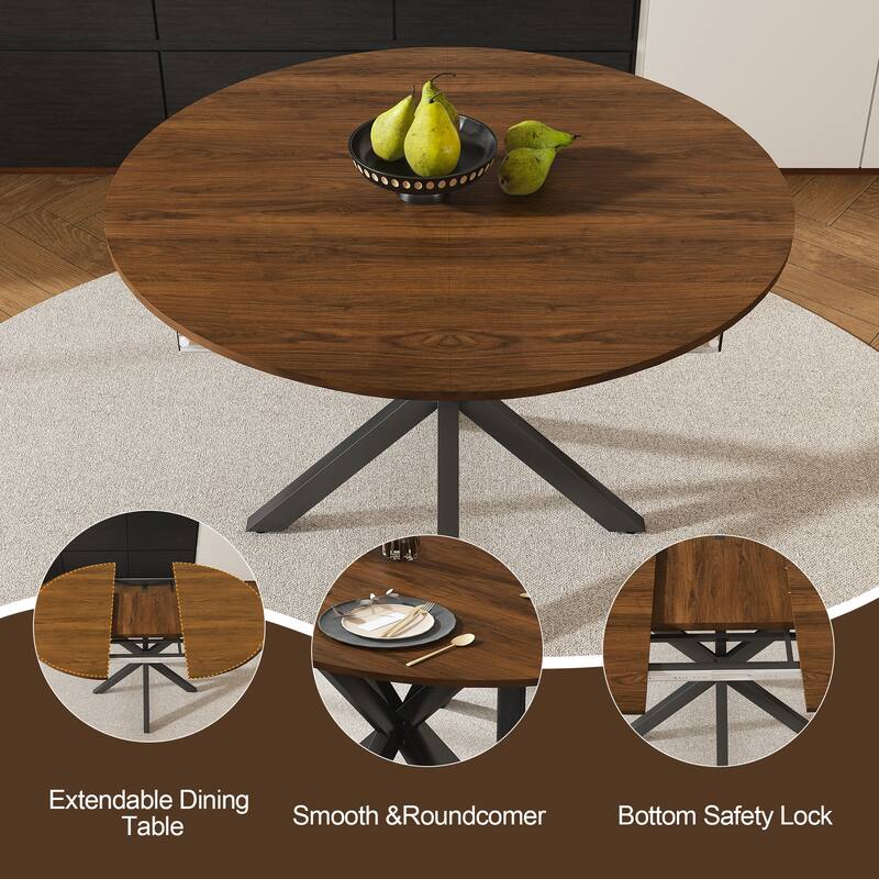 Modern Extendable Round Dining Table for 4-6: Carbon Steel X-Shaped Base, Space-Saving Kitchen & Apartment Table