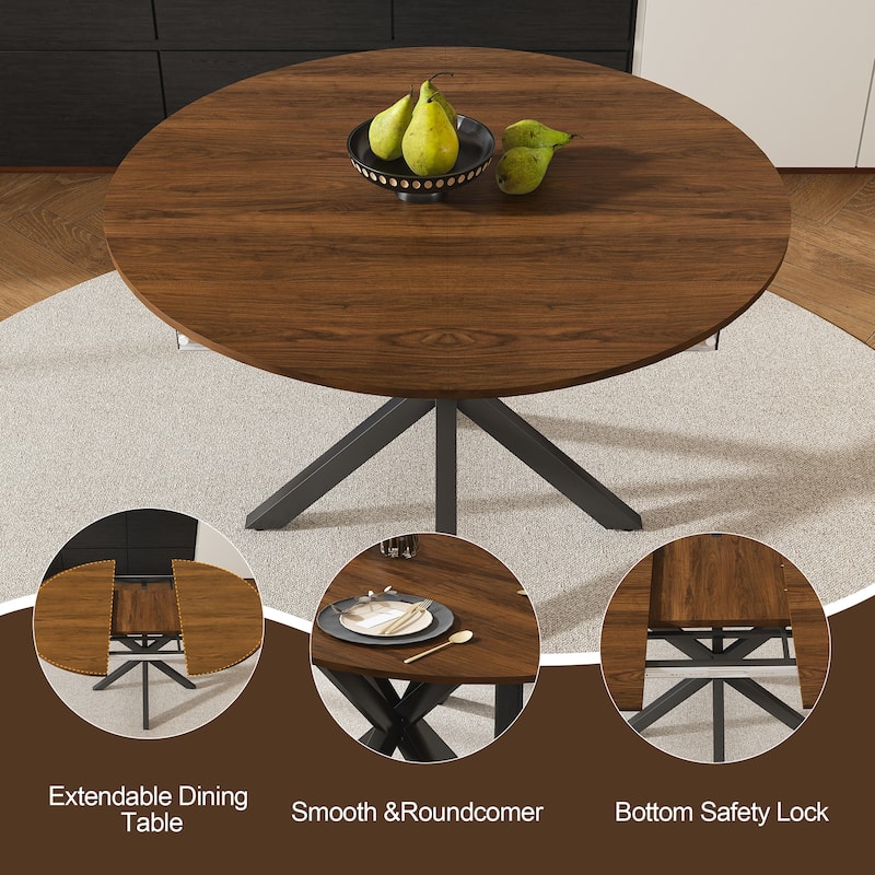 Roomfitters Extendable Round Dining Table, Retractable 42 to 58 Inch Wood Veneer Table with Carbon Steel Base, Walnut Finish