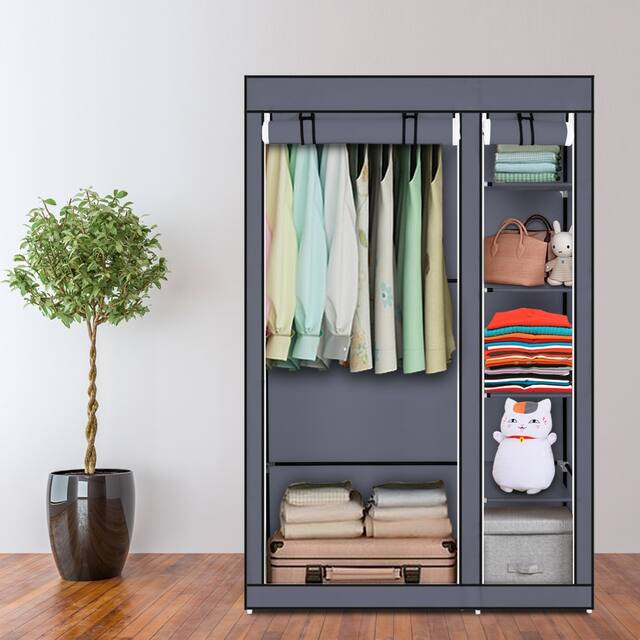 Portable Clothes Rack Closet with Cover and Hanging Rod - 110*45*175CM 6-Lattices - Grey