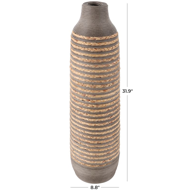 Brown Seagrass Handmade Braided Decorative Vase with Layered Gray Paneling