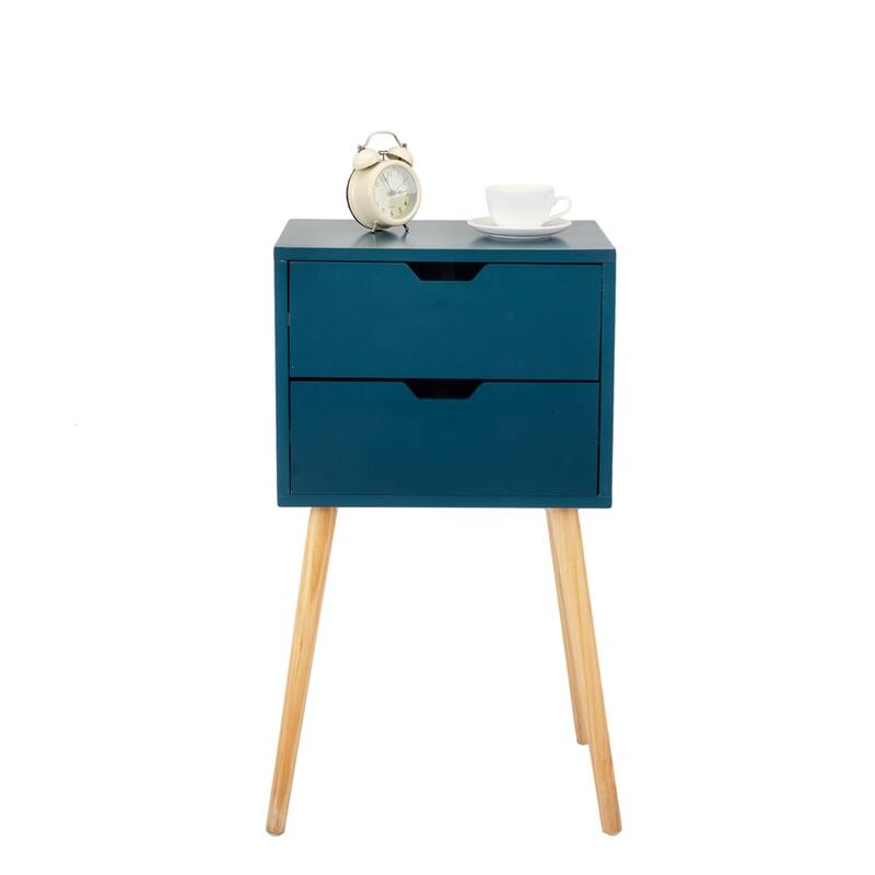 Mid Century Wood Nightstand with 2 Drawers and Pinewood Leg (Set of 2)