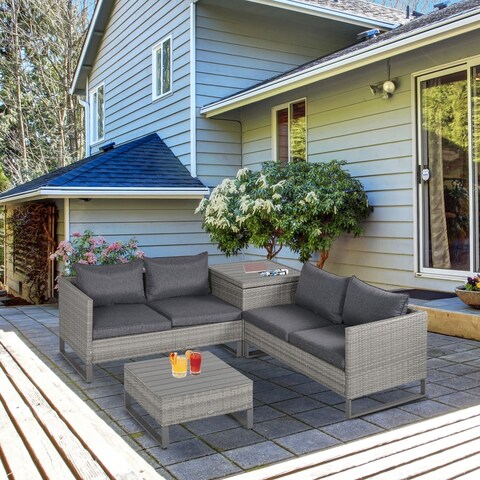 Outsunny 4-Piece PE Rattan Wicker Outdoor Sofa Set with Washable Comfort Cushions, Steel Frame, & Modern Design, Grey