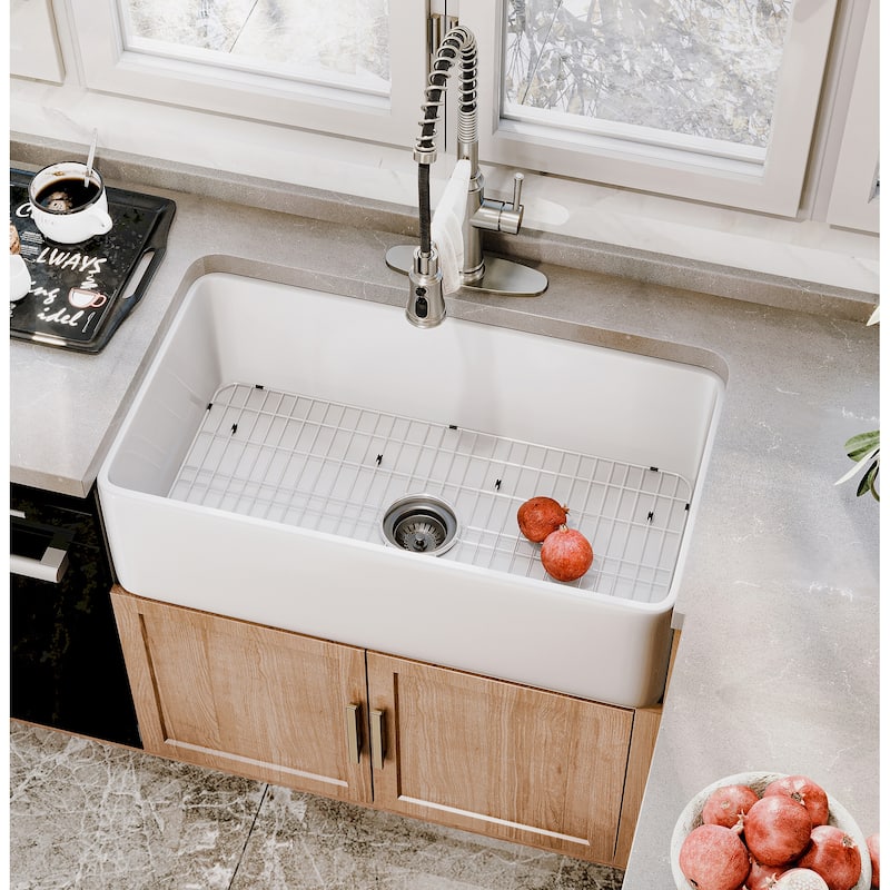 All-in-One Kit Fireclay Single Bowl Farmhouse/Apron-Front Kitchen Sink with Pull Down Sprayer Kitchen Faucet and Accessories