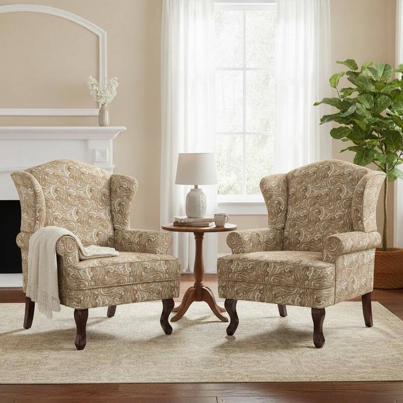 Classic Wingback Accent Chair for Living Room - Set of 2 - Paisley Sand/ Cotton