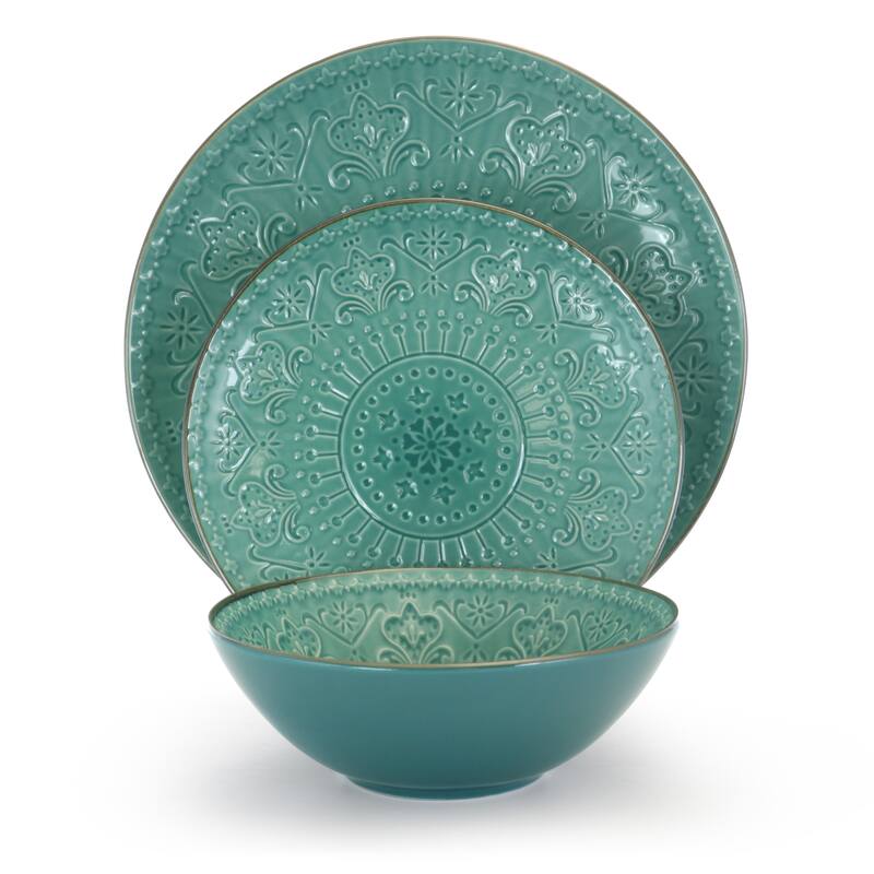Intricate Emobssed Pattern in Seafoam Green Round Stoneware Dinnerware Set 16 Pieces