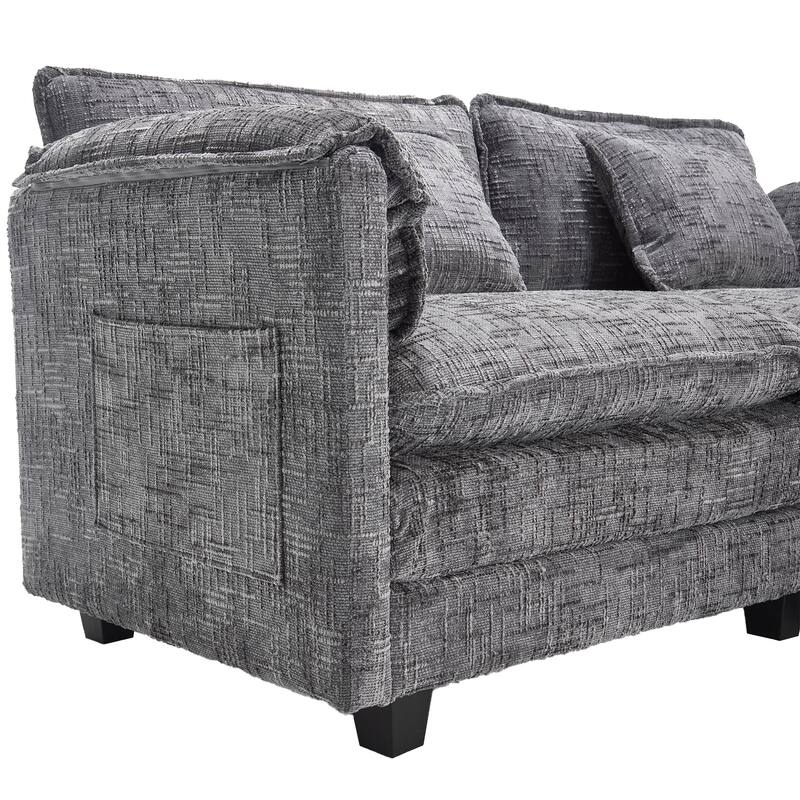 Chenille Fabric Loveseat Sofa Couch with 2 Ottomans and Side Pockets