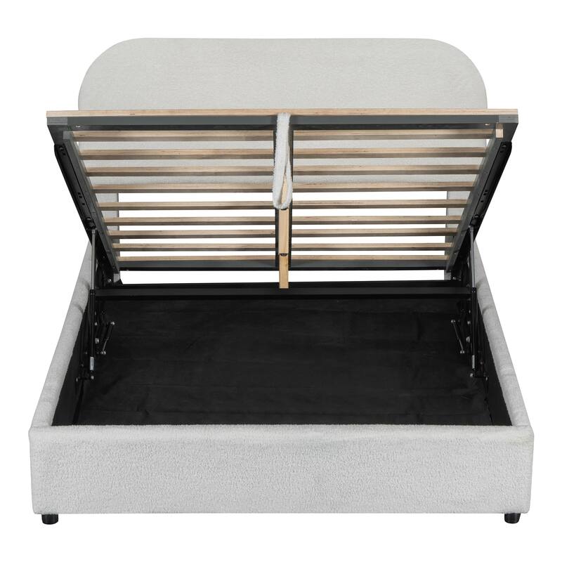Luxury Teddy Fleece Fabric Bed Frame with Lift Up Storage, Upholstered Platform Bed Frame with Hydraulic Storage System
