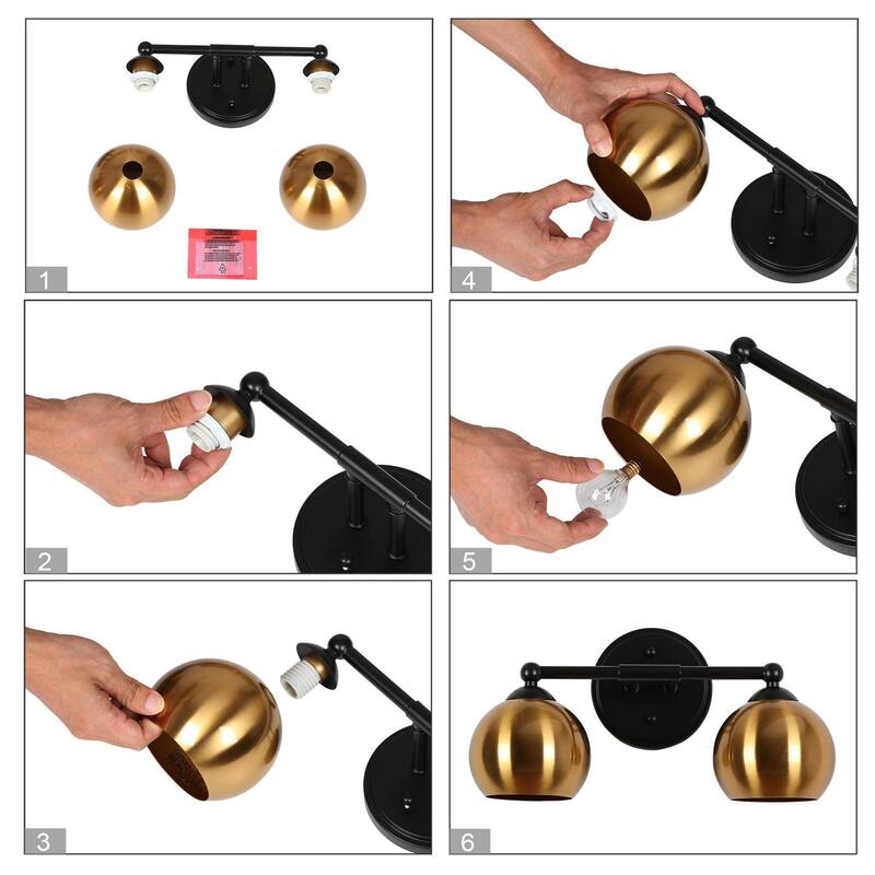 2-Light Modern Black Gold Vanity Light Bathroom Metal Wall Sconce for Powder Room - 14.5'' L x 6'' W x 7.5'' H