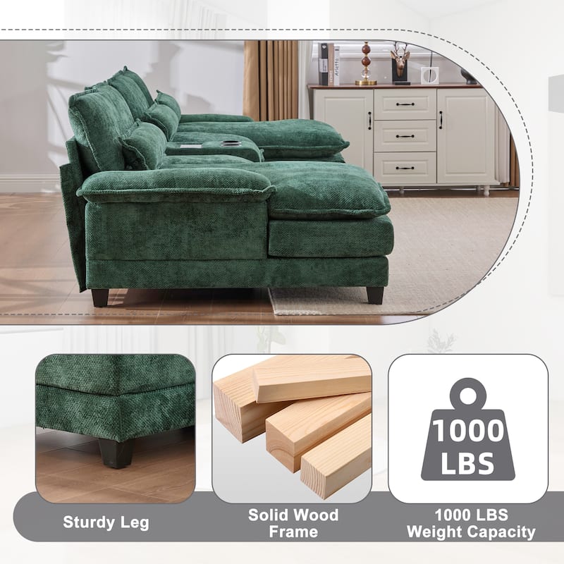 6-seat Chenille Upholstered Modern U-shaped Sectional Multifunctional Sofa with 2 Cup Holders,Pull-out Storage Space