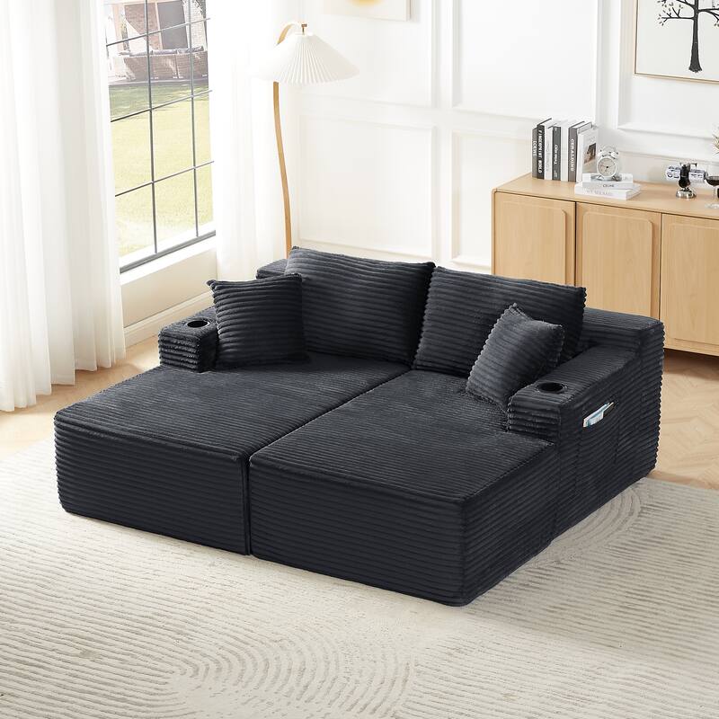U-Shaped Modular Sectional Sofa Set, Compressible Corduroy Deep-Seat Sofa, Large 6 Seat Sofa with Cup Holders & Ottoman