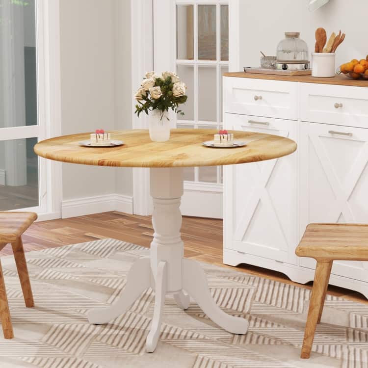 Rubber Wood Round Dining Table with Curved Legs and Adjustable Foot Pads - 40 x 40 x 29 inch (L x W x H)