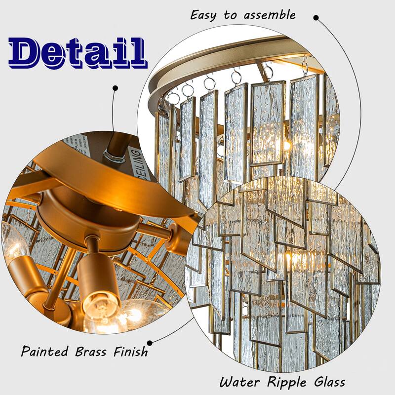 6/9-Light Luxury Water Ripple Glass Chandelier Pendant Light Modern Brass Frame Lighting Fixture for Dining Room Living Room