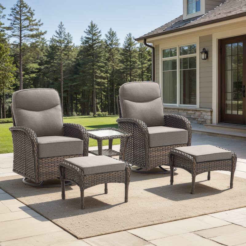 Pocassy Outdoor Wicker Patio Sofa with Swivel Chair Ottoman Sets - Brown Wicker Gray Cushion - 5-Piece Swivel Chair with Ottoman