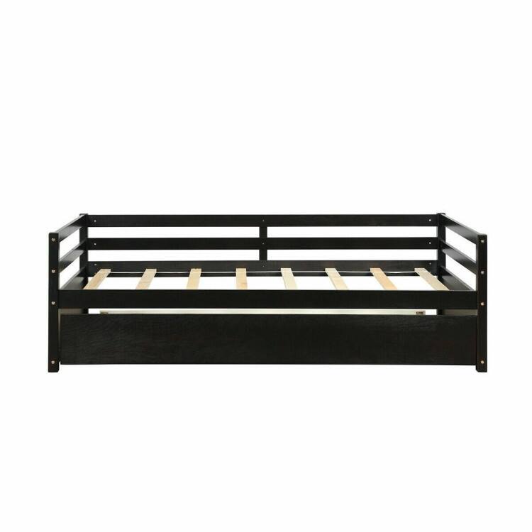 Metal Twin Size Trundle Platform Bed Frame with Wooden Slat Support and Space-Saving Design