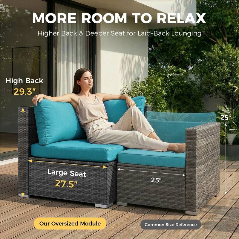 Outdoor Sectional Conversation Set PE Wicker with Double Chaise Lounge, 60,000 BTU Fire Pit Table