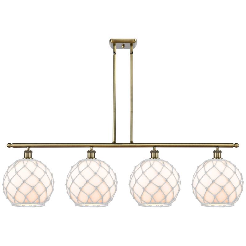 Innovations Lighting Endless Possibilities Ballston - Farmhouse Rope - 4 Light 48" Stem Hung Island Light with 10" Shades - Antique Brass/White Glass with White Rope