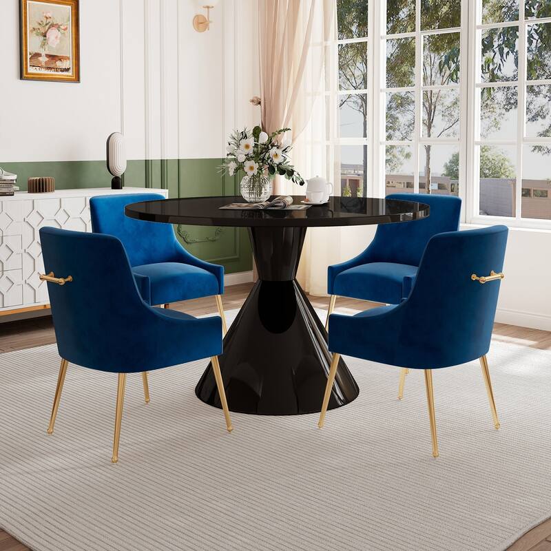 48" Light Luxury Black High Gloss Large Countertop Dining Table with Velvet Dining Chair Set