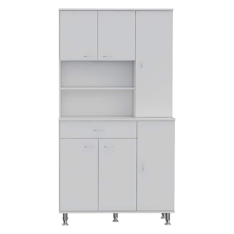 Kitchen Pantry Cabinet, Two Open Shelves, One Drawer, Multiple Cabinets