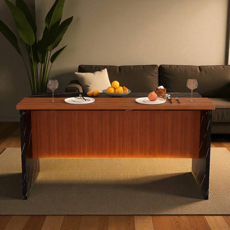 63" Modern Kitchen Island with Marble-Look Countertop, LED Lights, and Grille Design for Dining Room