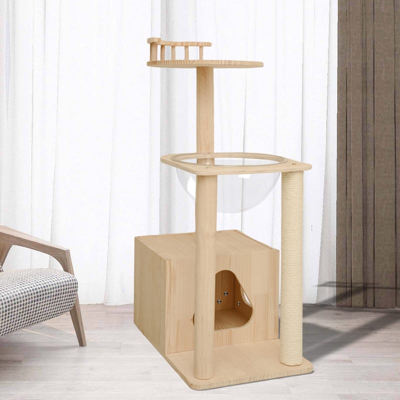 Solid Wood Cat Tower Cat Tree Cat Condo With Space Capsule Nest Cat Furniture Activity Centre