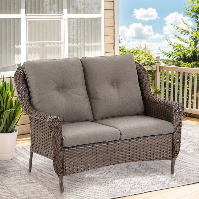 2-Seat Patio Sofa PE Wicker Couch Sofa - Grey - Brown