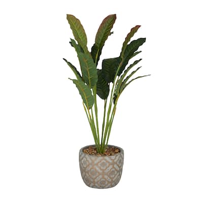 Faux Foliage Crotons Artificial Plant with Realistic Leaves and Geometric Patterned Pot - Green - Roche River Decor