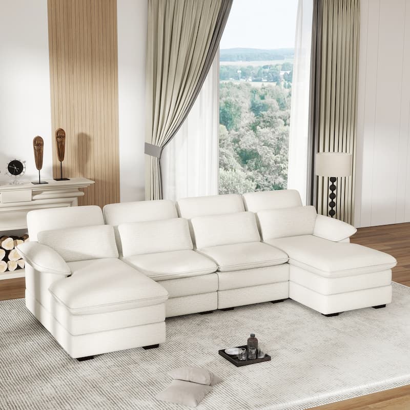 U-Shaped 111.8" Cloud Combo Sofa 4-Seater Chenille Fabric Sofa with Arms