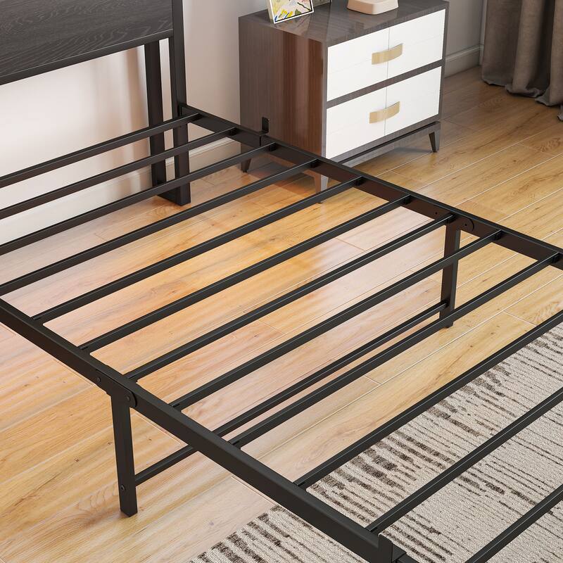 Twin Size Metal Platform Bed Frame with Storage Headboard, Charging Station & Bookcase Storage, Easy Assembly