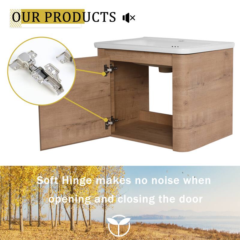 Wall-Mounted Bathroom Vanity with Ceramic Sink and Storage Shelves