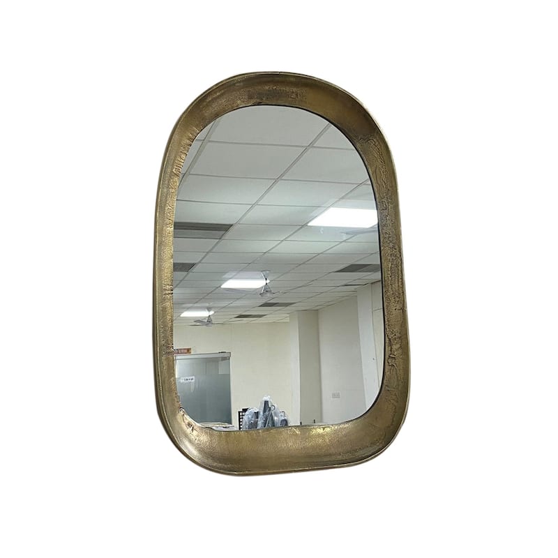 Brass-Finish Curved Border Wooden Framed Window Wall Mirror - 35.5"