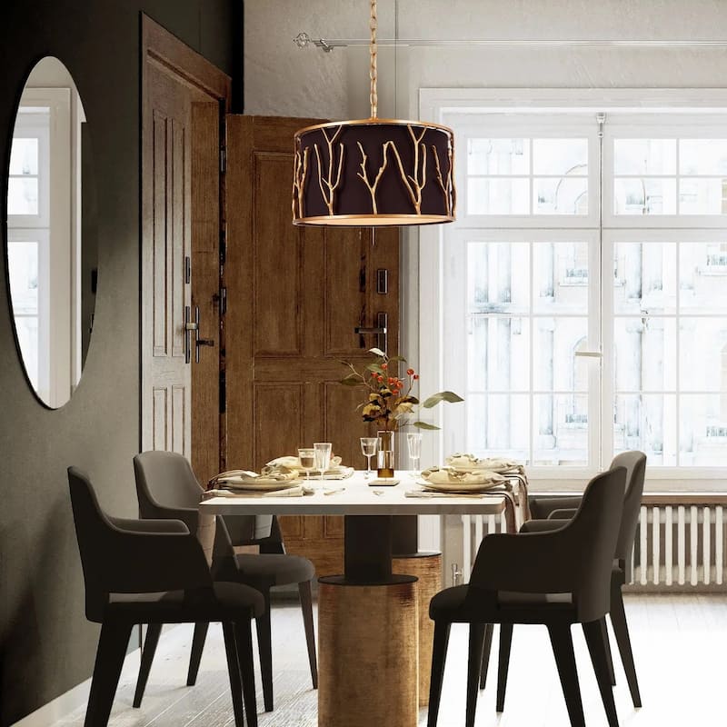 Modern 4-Light Brass Gold Drum Chandelier Black Fabric Shade for Dining Room - D 15.5" x H 10"