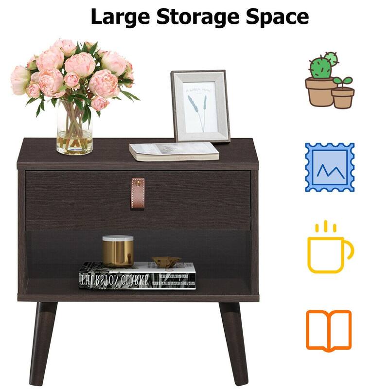 Nightstand Bedroom Table with Drawer Storage Shelf - Brown