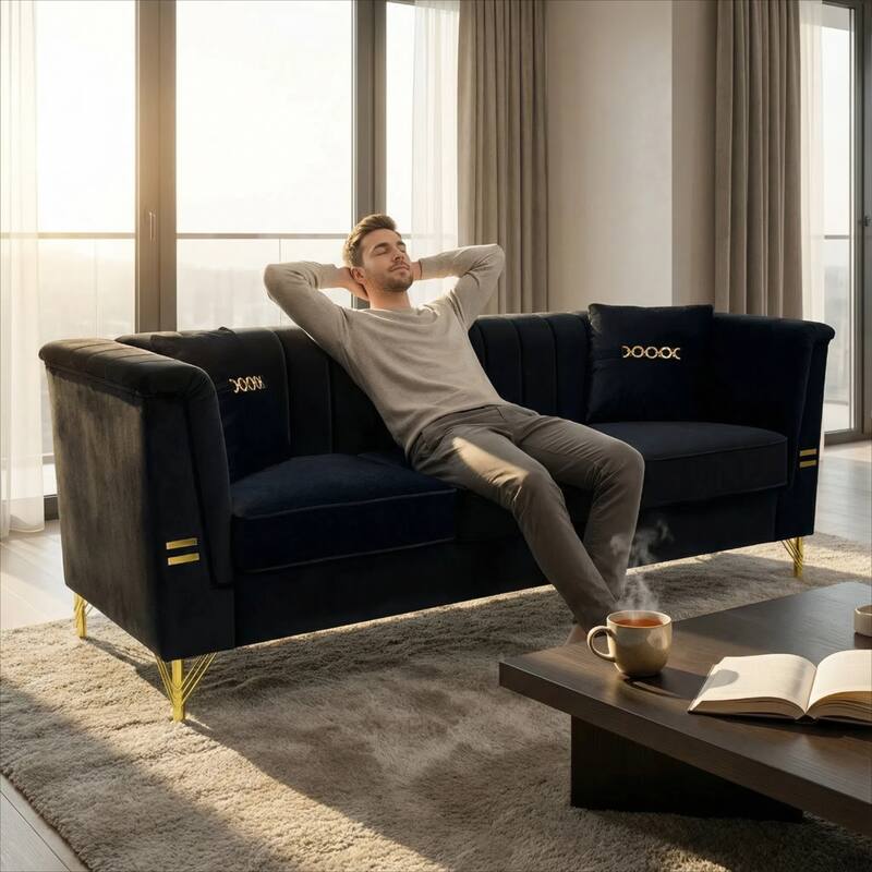 Chesterfield Velvet Button Tufted Sofa, Luxury 3-Seater Couch with 2 Pillows