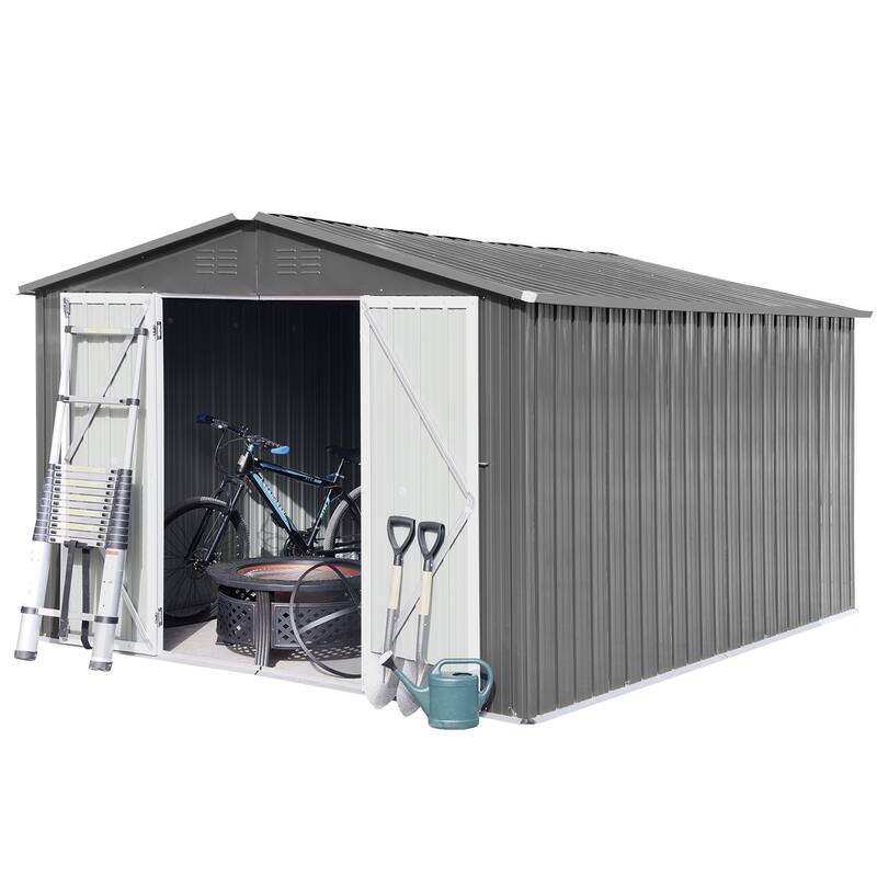 GDFStudio - Harrison Spacious 10x12 FT Metal Outdoor Storage Shed with Double Doors and Reinforced Frame - 12ftx10ft - 12ftx10ft - Grey