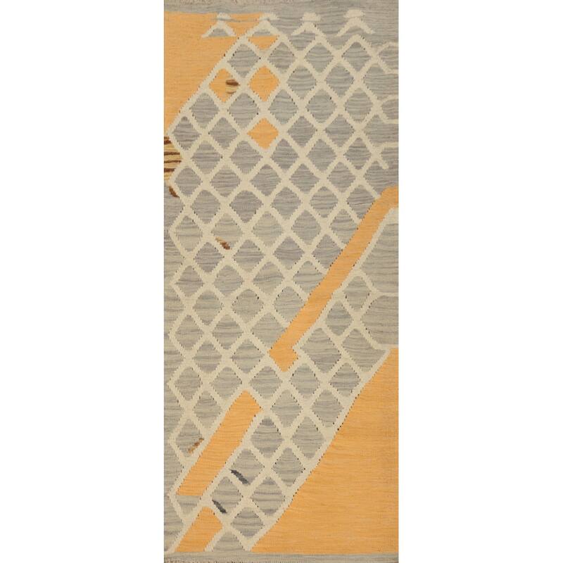 Hand Woven Oriental 100% Wool Carpet Southwestern Tribal Greys & Charcoal Kilim Runner Rug - 5' 7'' X 2' 2''