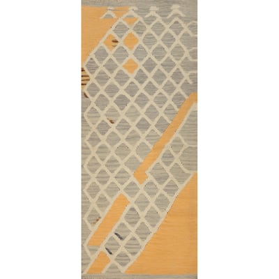 Hand Woven Oriental 100% Wool Carpet Southwestern Tribal Greys & Charcoal Kilim Runner Rug - 5' 7'' X 2' 2''