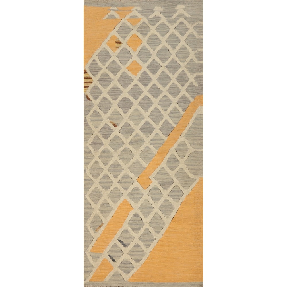 Hand Woven Oriental 100% Wool Carpet Southwestern Tribal Greys & Charcoal Kilim Runner Rug - 5' 7'' X 2' 2''
