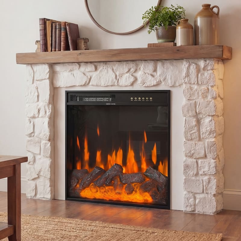 Black Electric Fireplace Insert, 1500W 110V Heater with 12-Color Flame, 5-Level Brightness, High/Low Heat Settings