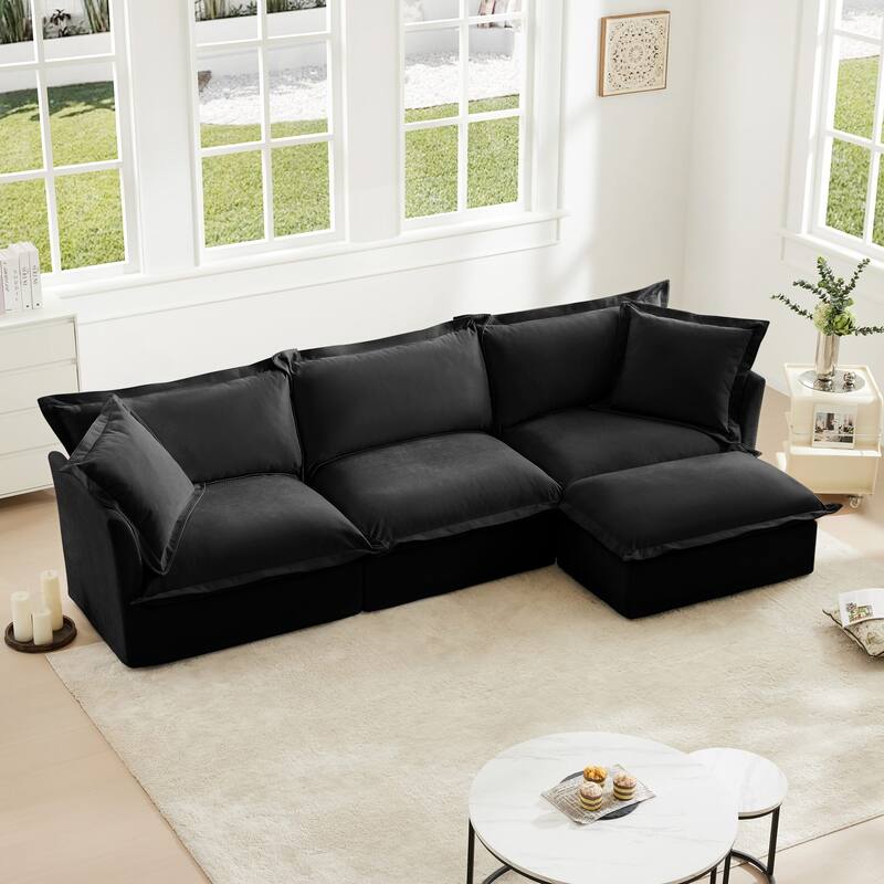 Modern 3 Seater Upholstered Sofa with 1 Ottoman and 2 Pillows