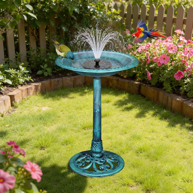 Javlergo 28" Pedestal Outdoor Bird Bath with Solar Powered Fountain for Outside Vintage Bronze Polyresin Lightweight - Green