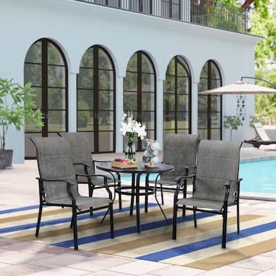 5 Pieces Patio Dining Set, Round Black Metal Table with Umbrella Hole and 4 Padded Textilene Fabric Chairs