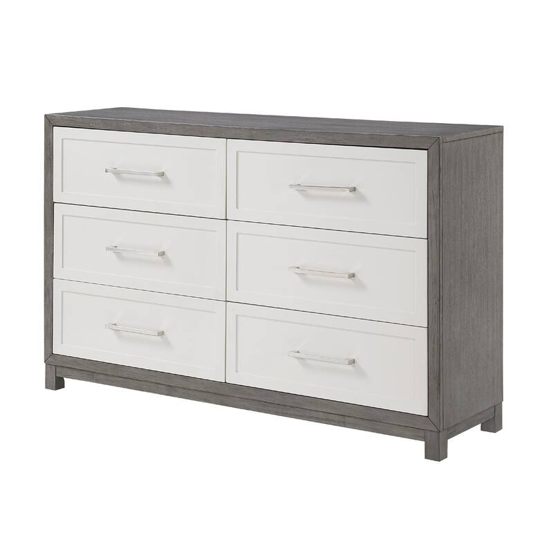 Rowy 61 Inch Dresser, 6 Drawer Bar Handles, Ivory and Gray Veneer