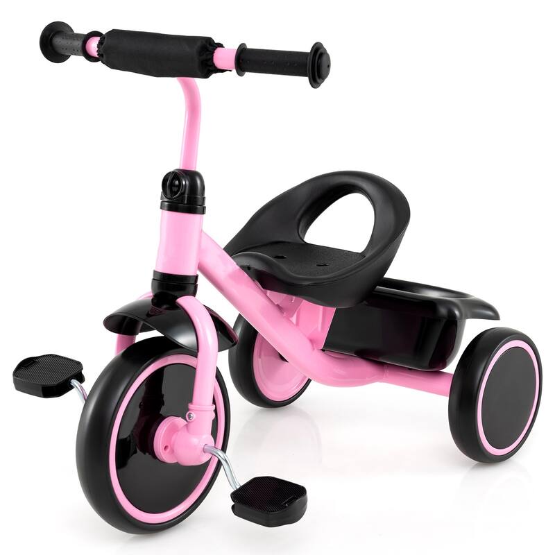 Pink Carbon Steel PP EVA Kids Trike with Adjustable Seat, Storage Basket, 55 lbs Capacity - 27" x 16" x 22"