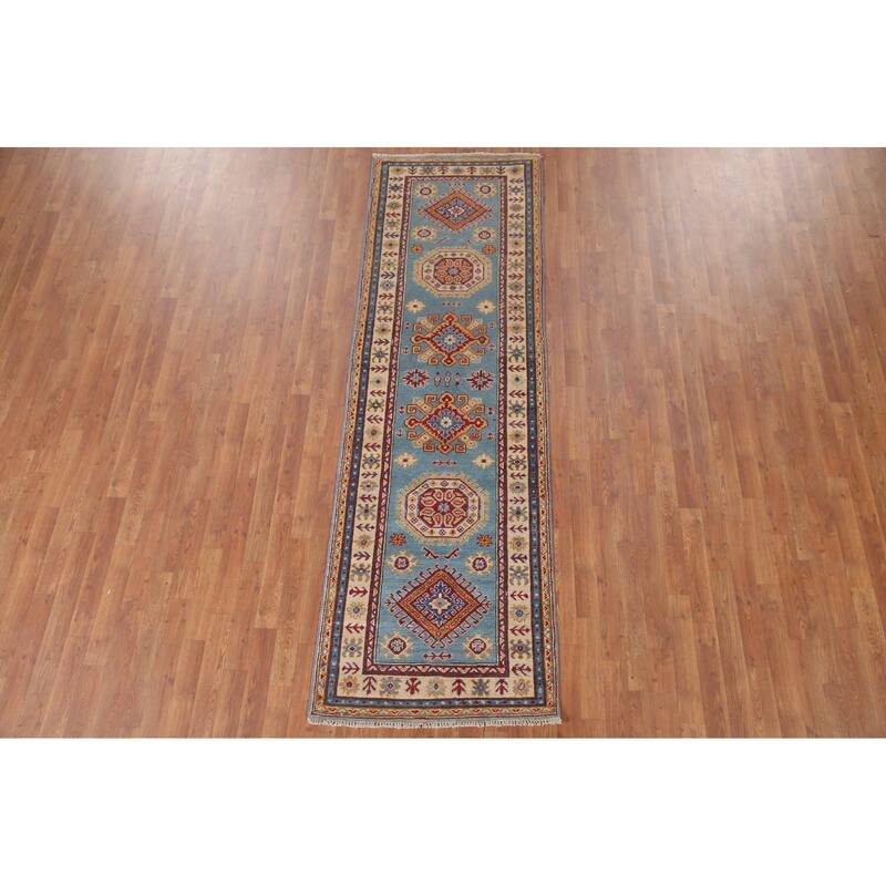 Hand Knotted Oriental 100% Wool Carpet Traditional Geometric Navy Blue & Blues Kazak Runner Rug - 9' 0'' X 2' 9''